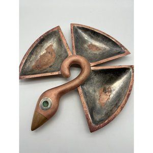 Vintage MCM Los Castillo Taxco Mexico Mixed Metal Bird Tray 8" Copper Brass Silv